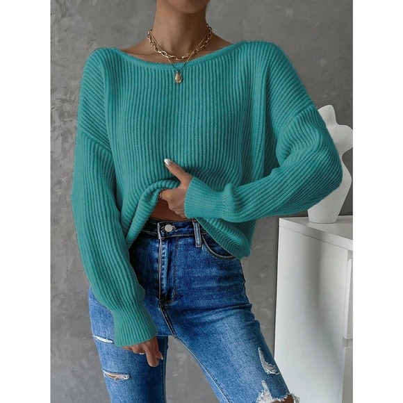 Minimalist Twist Back Drop Shoulder Boat Neck Sweater backless - Picture 6 of 11